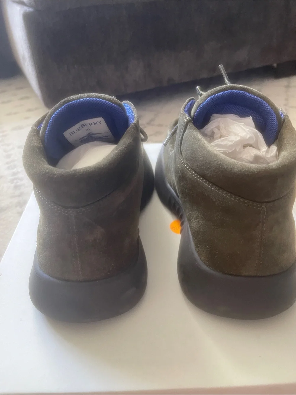 Burberry Olive Green Suede Chukka Boots with Blue Trim